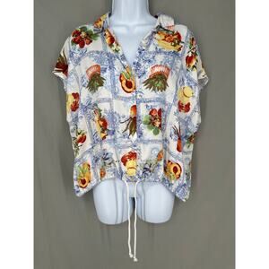 Rose Olive Top Womens Medium Fruit Print Floral Boxy Tropical Summer Button
